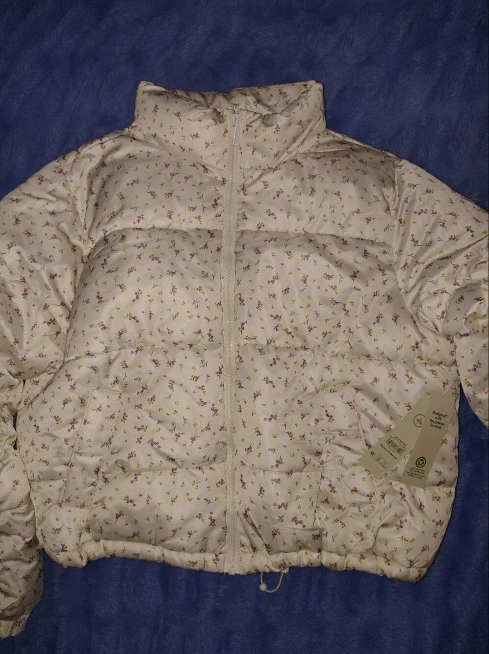Cream Puffer Jacket with Tiny Floral Print